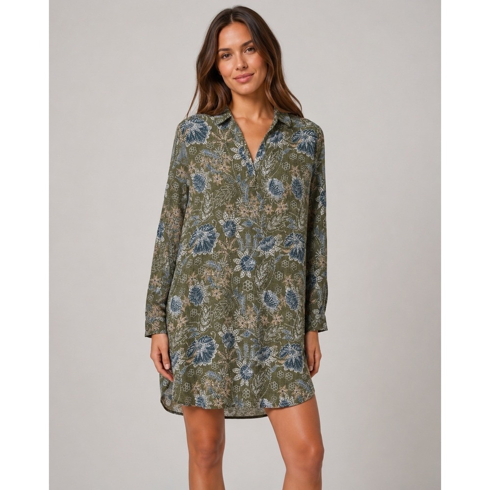 RipSkirt Dress Womens XS Green Floral Long Sleeve 100% Cotton Pockets